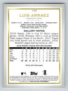 lot 166A image: Luis Arraez RC 2019 ToppsGallery #135 Rookie Minnesota Twins Baseball Card