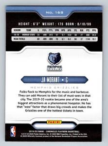 lot 169A image: Ja Morant RC 2019-2020 Chronicles Playbook #168 Rookie Basketball Card