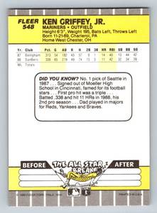 lot 33B image: Ken Griffey Jr. RC 1989 Fleer #548 Rookie Baseball Card