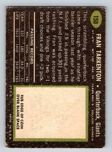 lot 42B image: Fran Tarkenton 1969 Topps #150 Vintage Minnesota Vikings Football Card