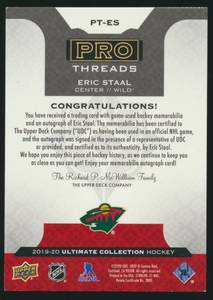 lot 36B image: Eric Stall Relic 49 2019-20 Ultimate Collection Pro Threads #PT-ES, numbered 1849, Minnesota Wild Hockey Card