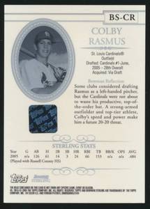 lot 45B image: Colby Rasmus Auto Relic RC 2005 Bowman Sterling #BS-CR Signed St. Louis Cardinals Baseball Card