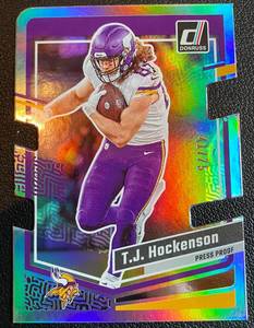 lot 74A image: T.J. Hockenson Fie Cut SP Numbered 4175 - 2023 Donruss Press Proof #198 Minnesota Vikings Football Card
