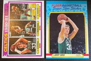 lot 98A image: Larry Bird 2 Card Lot 1981 Topps #45 and 1988 Fleer Super Star Sticker #2 Basketball Cards