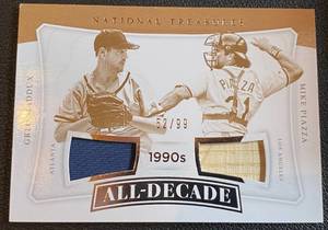 lot 127A image: Greg Maddux and Mike Piazza Dual Relic Numbered 5299 2017 National Treasures All-Decade #ADC-MP Baseball Card