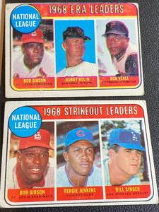 lot 136A image: 1969 Topps (2) Leaders Card Lot - NL Strikeouts #12 - Bob Gibson, Fergie Jenkins and ERA Leaders #8 Vintage Baseball Cards
