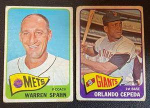 lot 149A image: 2 Card Vintage Baseball Star Lot - 1965 Warren Spahn #205 and Orlando Cepeda #360 Vintage Baseball Cards