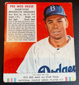 lot 184A image: 1952 Red Man Tobacco Pee Wee Reese #17 With Tab Vintage Baseball Card