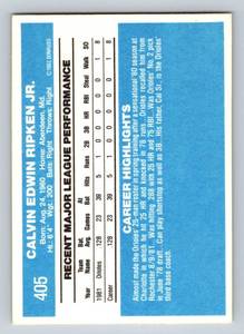 lot 22C image: Cal Ripken Jr. RC 1982 Donruss #405 Vintage Rookie Baseball Card