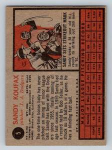 lot 23C image: Sandy Koufax 1962 Topps #5 Vintage Baseball Card