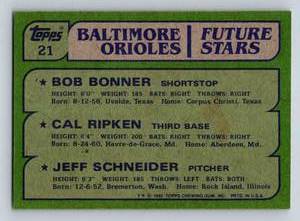 lot 25C image: Cal Ripken Jr. RC 1982 Topps #21 Baltimore Orioles Future Stars Rookie Vintage Baseball Card