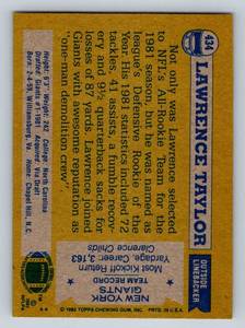 lot 36C image: Lawrence Taylor RC 1982 Topps #434 Rookie Vintage Football Card