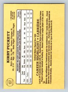lot 43C image: Kirby Puckett RC 1985 Donruss #107 Rookie Vintage Minnesota Twins Baseball Card