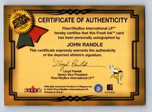 lot 18D image: 2000 John Randle Signed Silver Fleer Autographics numbered 184250 Minnesota Vikings Autographed Football Card