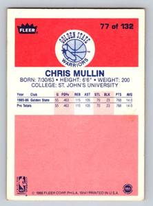 lot 37D image: Chris Mullin RC 1986 Fleer #77 Rookie Basketball Card