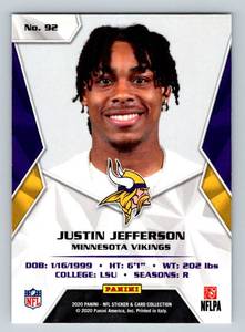 lot 46D image: Justin Jefferson RC 2020 Panini NFL Sticker & Card Collection #92 Rookie Minnesota Vikings Football Card