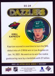 lot 9D image: Kirill Kaprizov Green Dazzler 2021 Upper Deck #DZ-24 Minnesota Wild Hockey Card