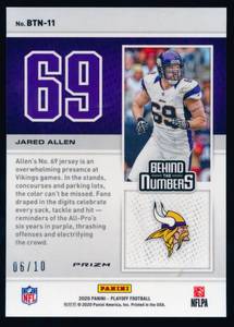 lot 20D image: 2020 Panini Playoff Behind the Numbers Jared Allen #BTN-11 gold 10, numbered 0610, Rare Minnesota Vikings Football Card