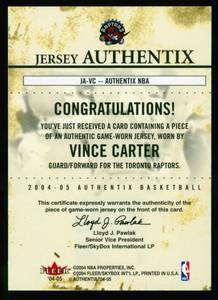 lot 25D image: Vince Carter Relic 175 2004-05 Fleer Jersey Authentix NBA #JA-VC, numbered 146175 Basketball Card