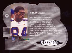 lot 26D image: Randy Moss Die Cut 1000 1999 Score Behind The Numbers #BN3 Minnesota Vikings Football Card