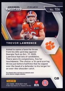 lot 36D image: Trevor Lawrence RC Blue Prizm 2021 Draft Picks #106 Rookie Football Card