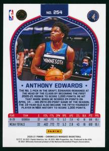 lot 47D image: Anthony Edwards RC 2020-21 Chronicles Marquee #254 Rookie Minnesota Timberwolves Basketball Card