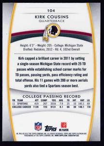 lot 54D image: 2012 Topps Platinum Kirk Cousins Refractor RC #104, Minnesota Vikings Rookie Football Card