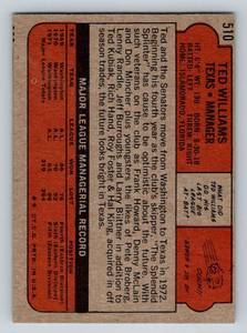 lot 15E image: Ted Williams 1972 Topps #510 Vintage Baseball Card