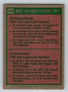lot 20E image: Mickey Mantle and Hank Aaron 1975 Topps 1957 MVPs #195 Vintage Baseball Card
