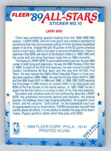 lot 119F image: Larry Bird 1989 Fleer All-Stars Sticker #10 Basketball Card