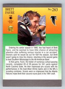 lot 124F image: Brett Favre RC 1991 Fleer Ultra Draft Picks #283 Rookie Football Card