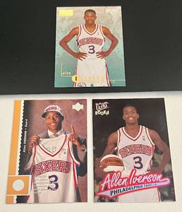 lot 56C image: Allen Iverson 3 RC Lot - 1996 Fleer Ultra #82, Skybox Premium #85, and Upper Deck #91 Rookie Basketball Cards