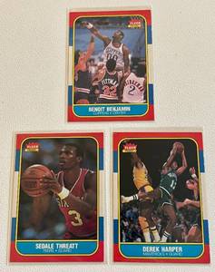 lot 59D image: 1986 Fleer Basketball 3 Card Lot - #8 Benoit Benjamin, #44 Derek Harper, and #112 Sedale Threatt Vintage Basketball Cards