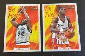 lot 61D image: 1996 Topps En Fuego Lot of  2 - Seasons Bear #2 Hakeem Olajuwon and #3 Shaquille ONeal Basketball Cards