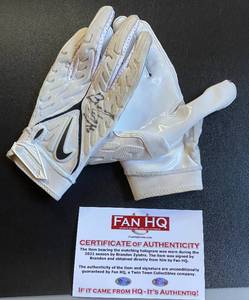 lot 34G image: Brandon Zylstra Signed Nike Gloves with Fan HQ COA, inscribed 2021 Worn, Minnesota Vikings Football