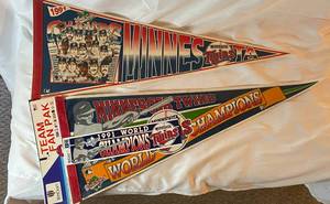 lot 37G image: Minnesota Twins Baseball 1991 World Series Champion Set of 3 Pennants and Sticker