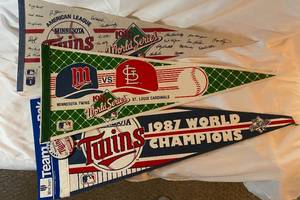 lot 38G image: Minnesota Twins Baseball 1987 World Series Champions Set of 3 Pennants and Button