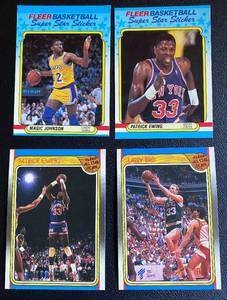 lot 78B image: 1988 Fleer 4 Card All-Star and Sticker Lot Larry Bird #124, Patrick Ewing #130, Ewing Sticker #5, Magic Johnson Sticker #6 - Basketball Cards