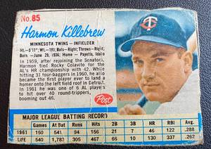 lot 200A image: Harmon Killebrew 1962 Post Cereal #85 Vintage Baseball Card