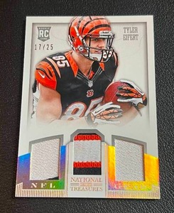 lot 70B image: Tyler Eifert Triple Patch RC 25 2013 National Treasures Prime #37, numbered 1725, Rare Football Card