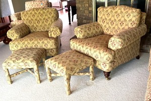 lot 22 image: Pair of Lovely Lillian August Armchairs and Two Ottomans  Stools