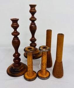 lot 70 image: Vintage Pair of Wooden Candleholders, Industrial Beehive Bobbing Spool and More