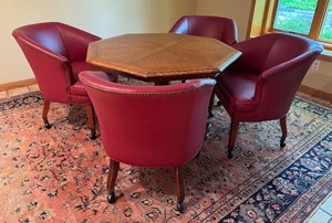 lot 11 image: Vintage Ethan Allen Game Table and Set of Four Leather Club Chairs