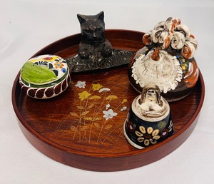 lot 110 image: Vintage Tray with Ceramic Bell, Rooster, Small Trinket, Bronze Can with Dish by Multiple Artists