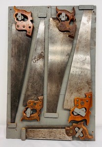 lot 131 image: Five Vintage Hand Saws Cross Cut, Rip & Miter