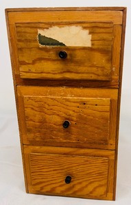 lot 141 image: Variety of Tools in Vintage Wooden Three Drawer Table Top Cabinet