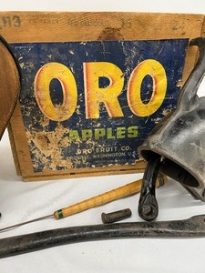 lot 205 image: Cool Vintage Finds, Vintage Apple Crate, Hanging Clothes Pin Bag with Clothes Pins and More