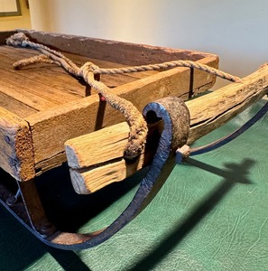 lot 218 image: Vintage Norwegian Style Wooden Sled with Metal Runners