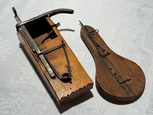 lot 294 image: Antique Wooden RugCarpet Shuttle, Hook Punch Tool and Antique Wall Hanging Paper Cutter