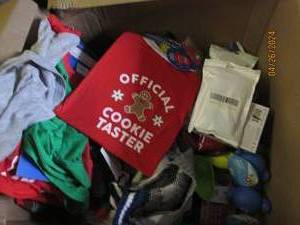 box of dog shirts, food and more